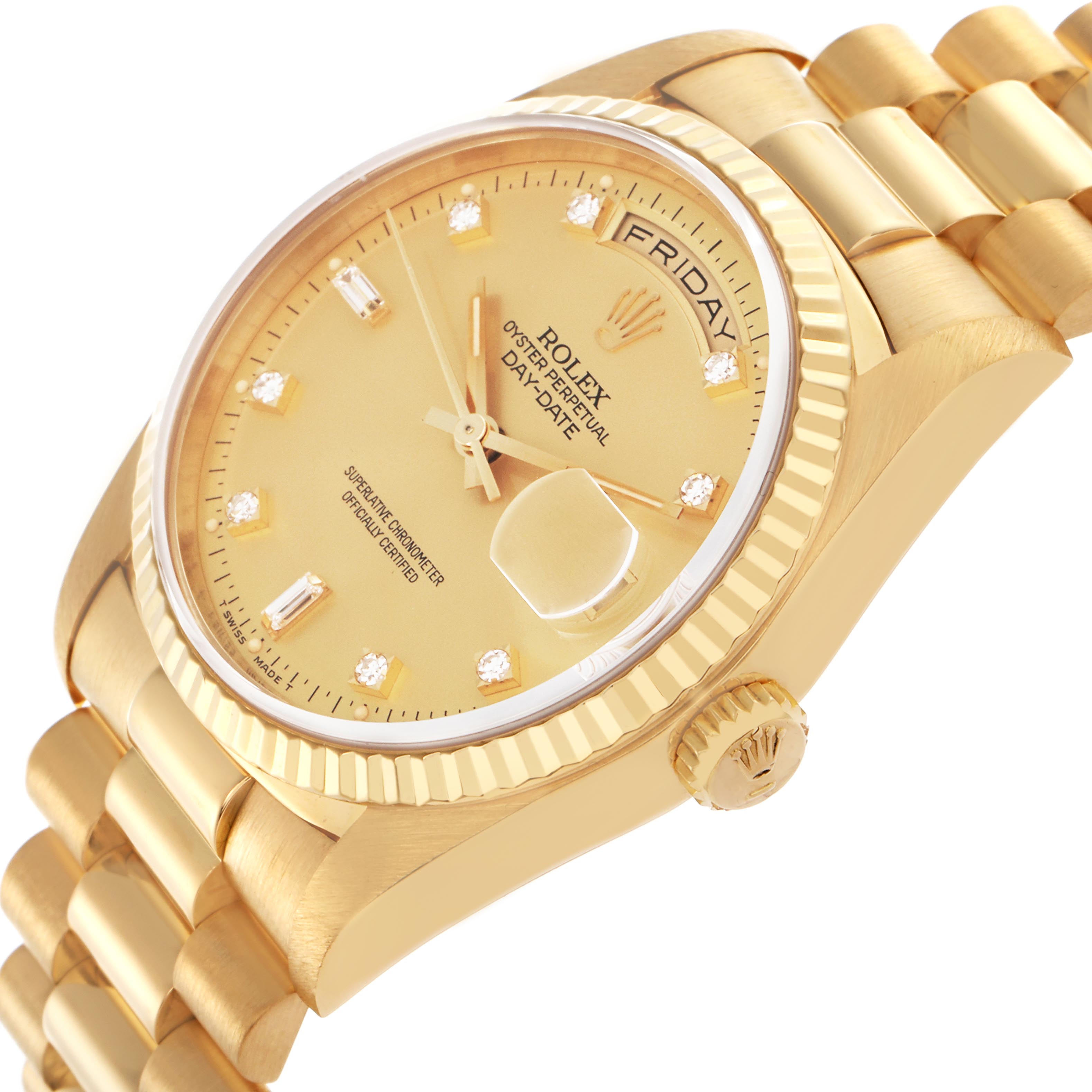The image shows a Rolex President 18238 Men's Yellow Gold Champagne Dial 18238 Men's Yellow Gold Champagne Dial watch from a top-side angle, highlighting the bezel, dial, crown, and bracelet.