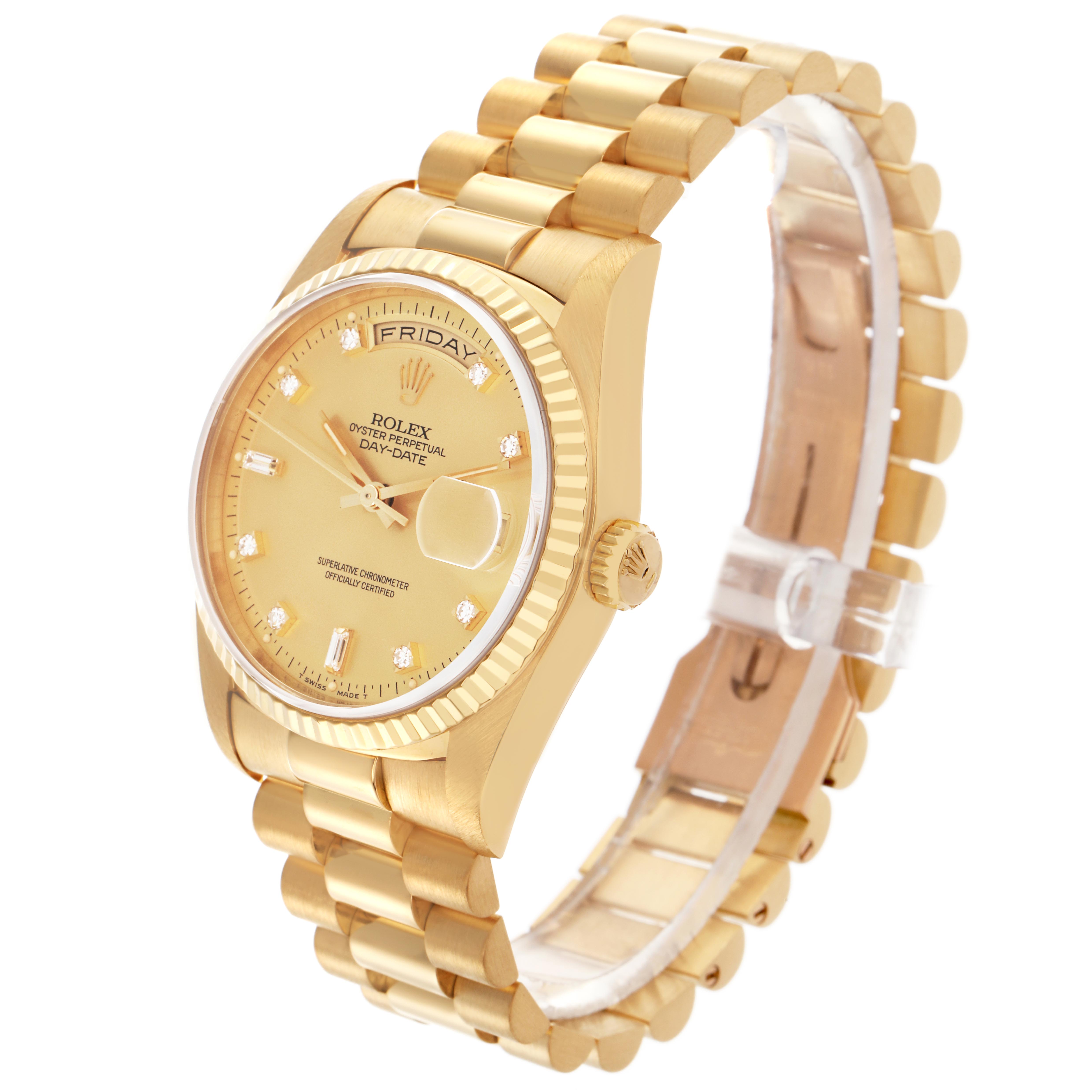 The Rolex President 18238 Men's Yellow Gold Champagne Dial 18238 Men's Yellow Gold Champagne Dial model is shown at a three-quarter angle, displaying the gold case, fluted bezel, bracelet, and face with diamond markers.