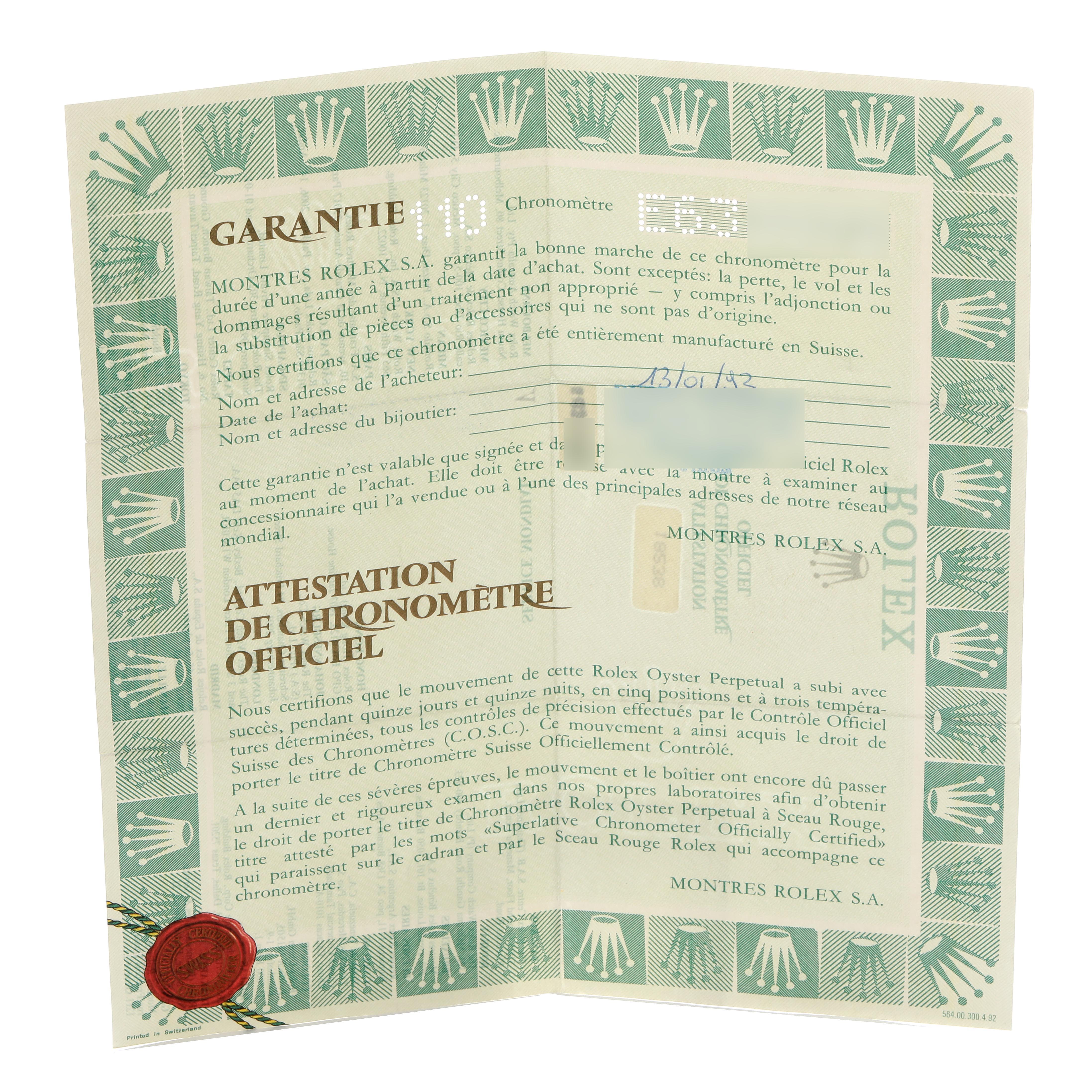 The image shows a warranty and chronometer certificate for a Rolex President 18238 Men's Yellow Gold Champagne Dial 18238 Men's Yellow Gold Champagne Dial model, featuring the brand's logo and official text.