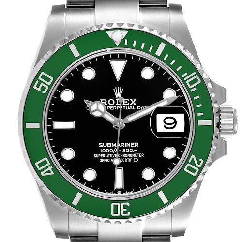 The image shows a front view of a Rolex Submariner 126610LV Men's Stainless Steel Black Dial 126610LV Men's Stainless Steel Black Dial watch, highlighting its green bezel and black dial with a date window.