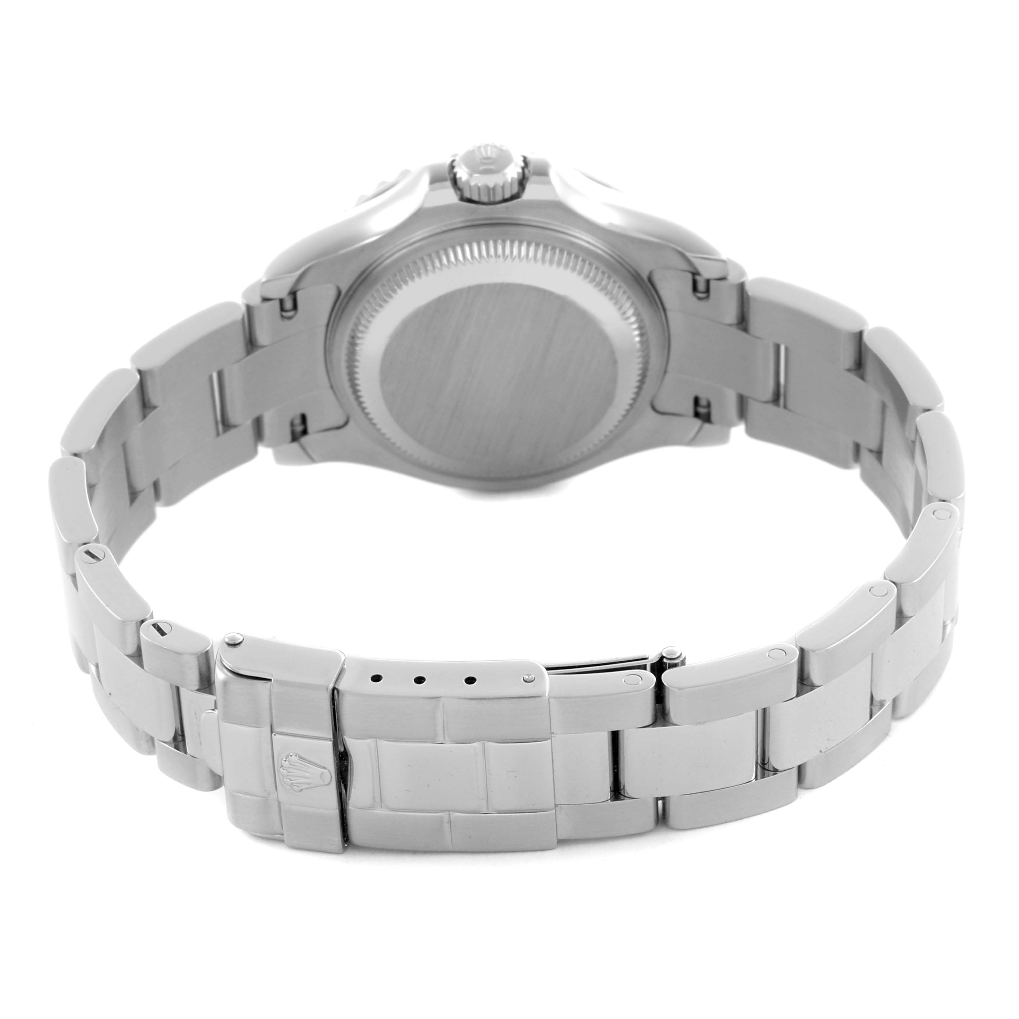 The Rolex Yacht-Master 169622 Women's Stainless Steel Silver Dial 169622 Women's Stainless Steel Silver Dial watch is shown from the back, highlighting the case back and metal bracelet with a visible clasp.