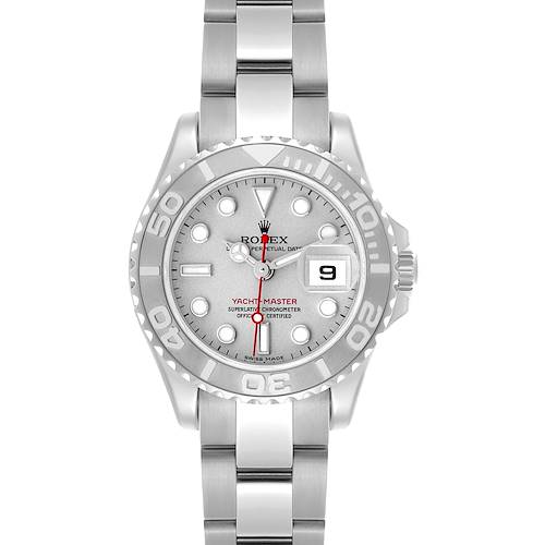 The Rolex Yacht-Master 169622 Women's Stainless Steel Silver Dial 169622 Women's Stainless Steel Silver Dial watch is shown from the front, displaying its dial, bezel, and bracelet.