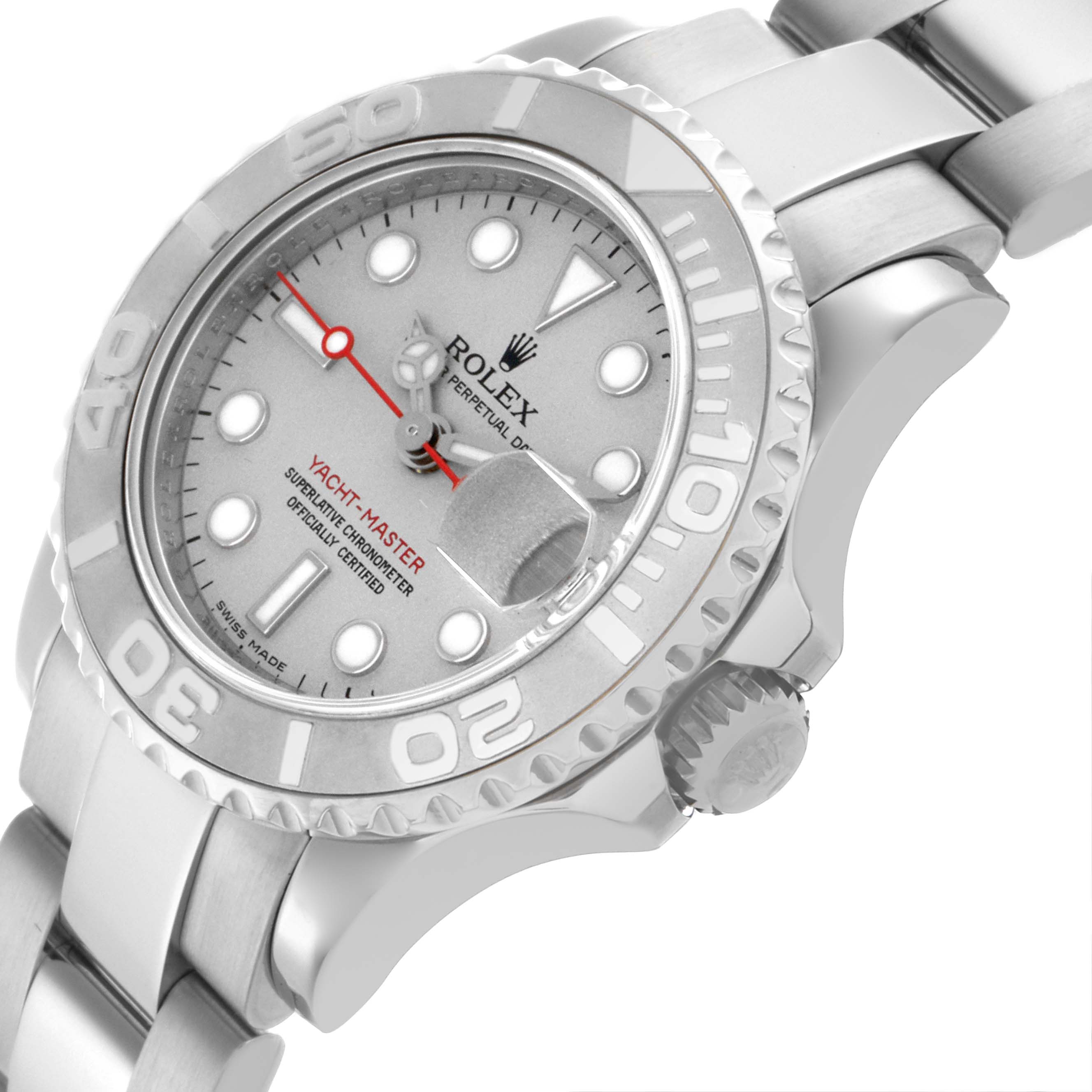 The Rolex Yacht-Master 169622 Women's Stainless Steel Silver Dial 169622 Women's Stainless Steel Silver Dial watch is shown at a tilted angle, highlighting its silver dial, bezel, and bracelet.