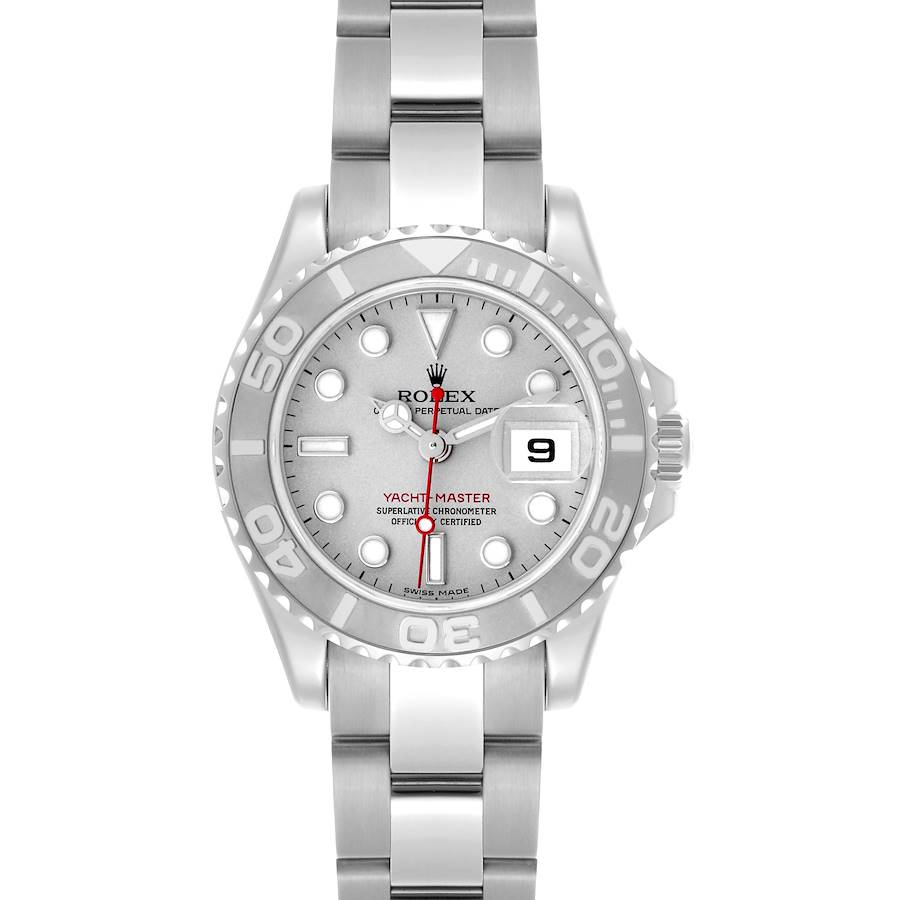 The Rolex Yacht-Master 169622 Women's Stainless Steel Silver Dial 169622 Women's Stainless Steel Silver Dial watch is shown from a front angle, displaying the dial, bezel, and bracelet.
