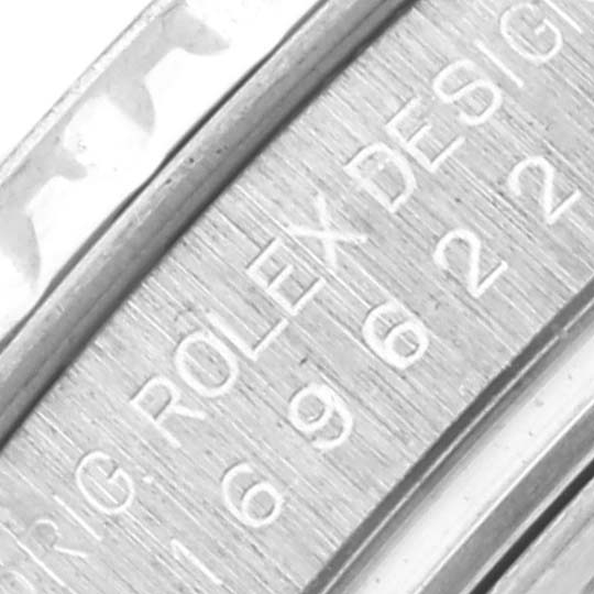 The image shows a close-up of the inner bezel with engravings on a Rolex Yacht-Master 169622 Women's Stainless Steel Silver Dial 169622 Women's Stainless Steel Silver Dial watch.