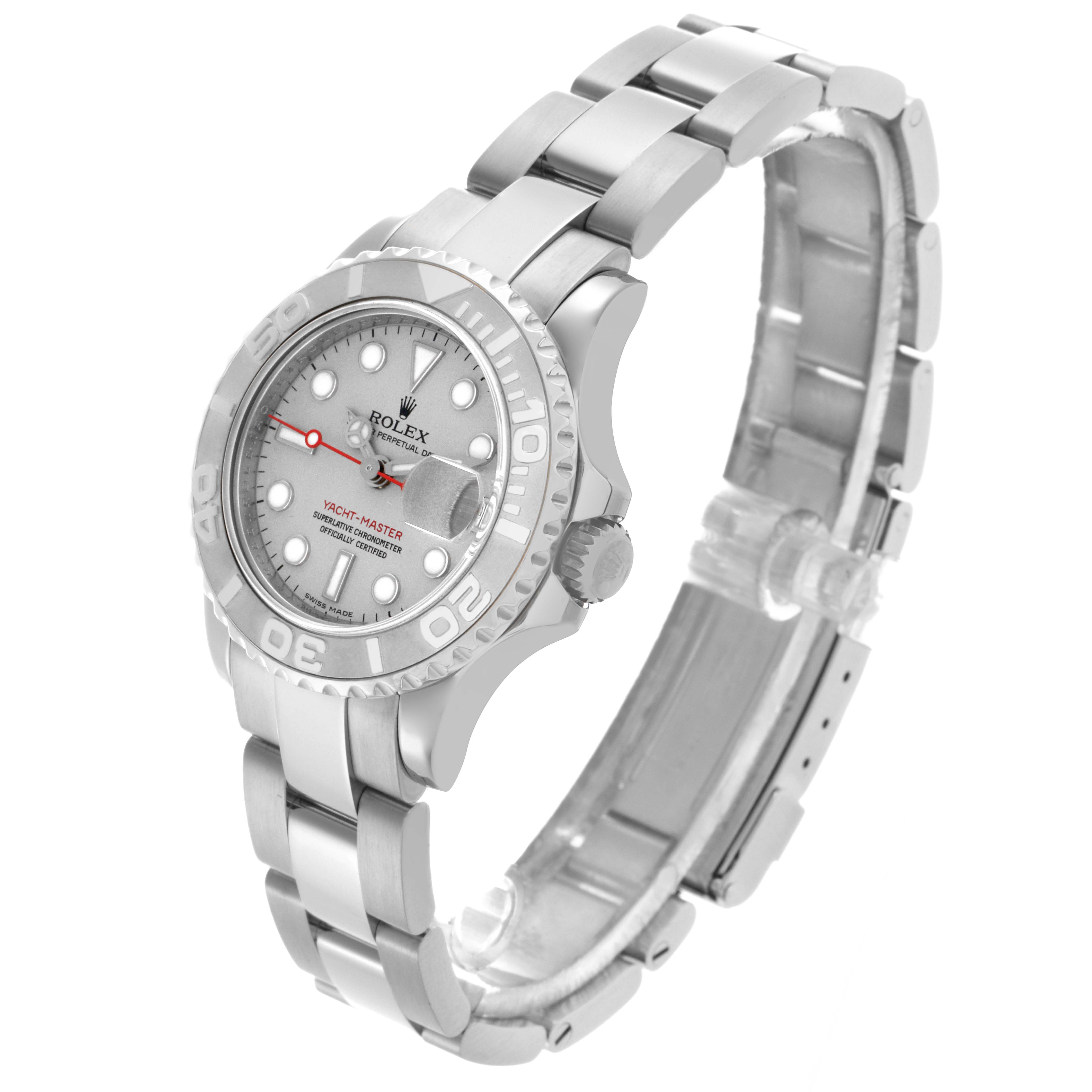 The Rolex Yacht-Master 169622 Women's Stainless Steel Silver Dial 169622 Women's Stainless Steel Silver Dial is shown at a three-quarter angle, displaying the dial, bezel, crown, and bracelet.