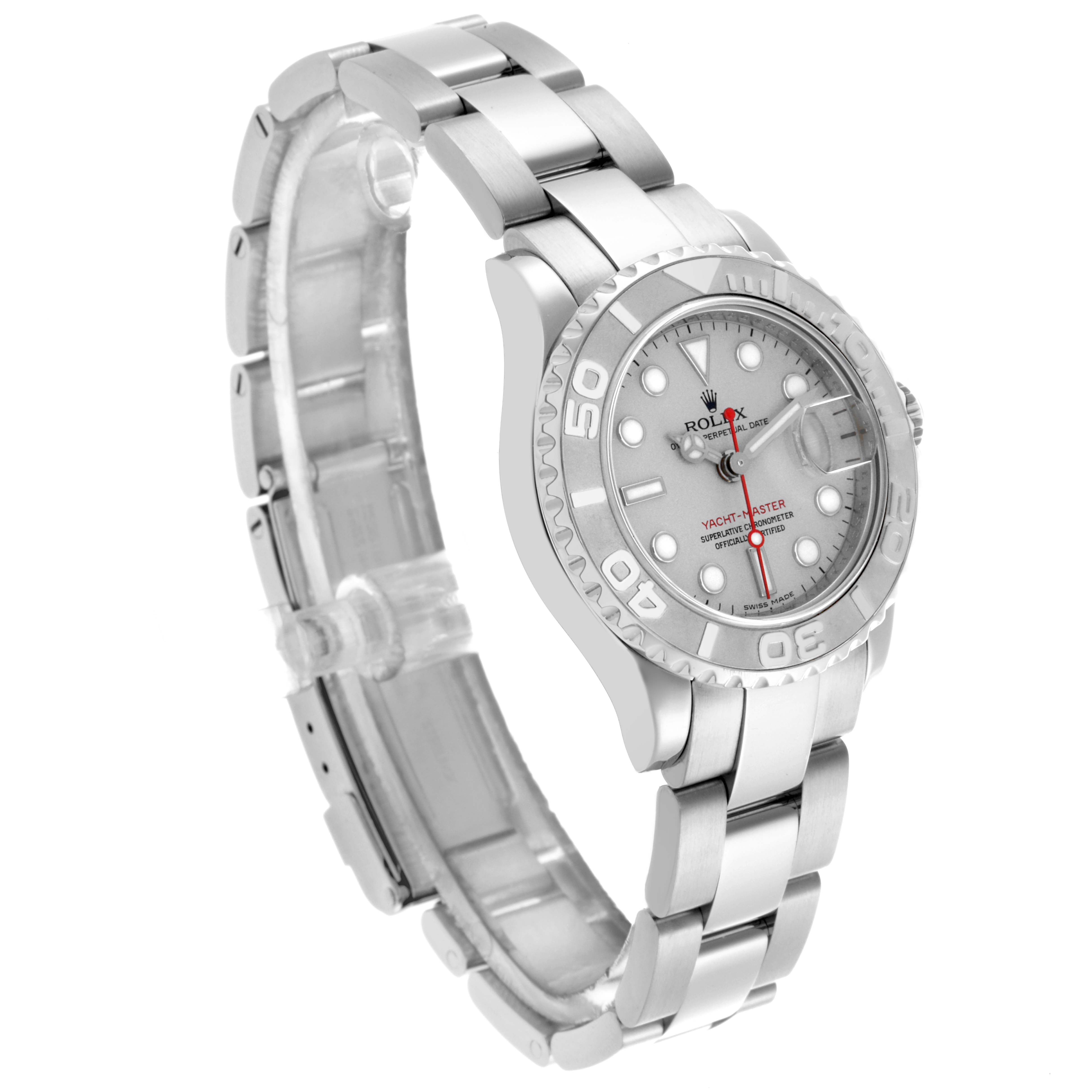 The Rolex Yacht-Master 169622 Women's Stainless Steel Silver Dial 169622 Women's Stainless Steel Silver Dial watch is shown at a three-quarter angle, highlighting the face, bezel, and part of the bracelet.