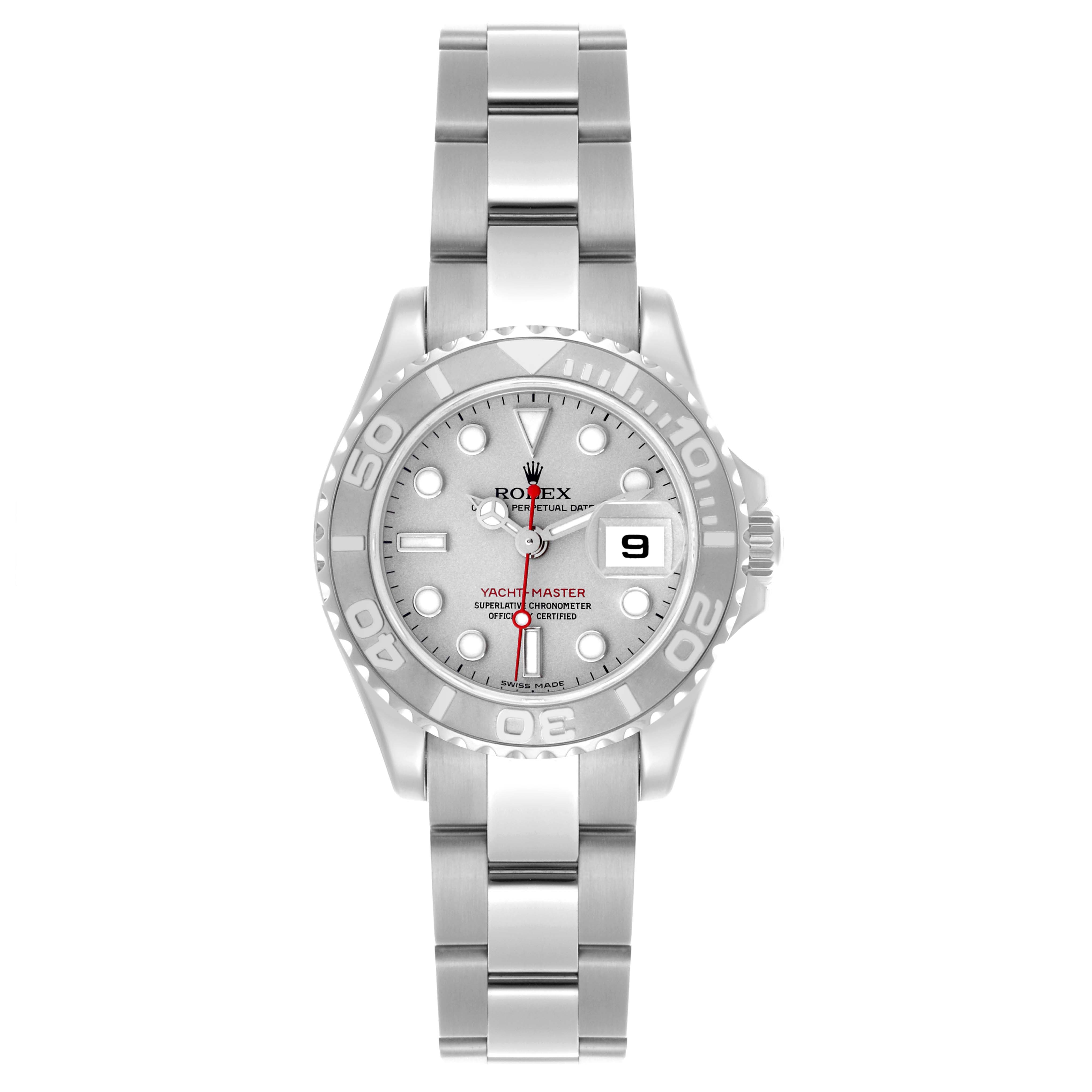 The Rolex Yacht-Master 169622 Women's Stainless Steel Silver Dial 169622 Women's Stainless Steel Silver Dial watch is shown from a top-down angle, displaying the dial, bezel, and bracelet clearly.