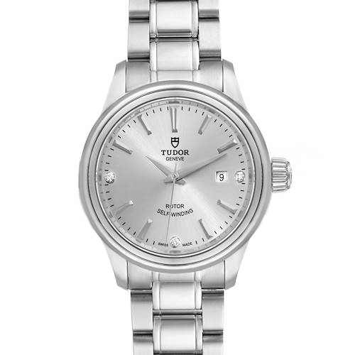 The image shows a front view of a Tudor Style M12100-0003 Women's Stainless Steel Silver Dial M12100-0003 Women's Stainless Steel Silver Dial model watch with a silver dial and stainless steel bracelet.