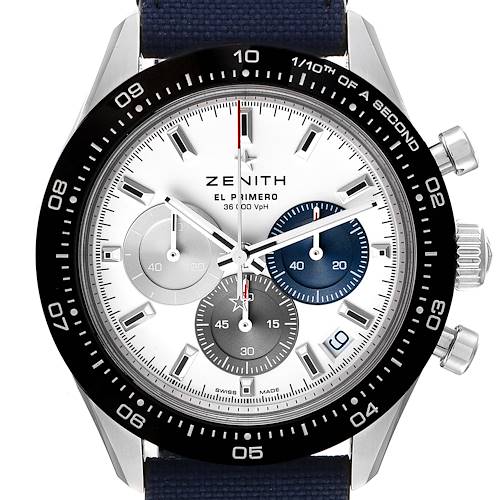 This image shows a front view of the Zenith Chronomaster 03.3100.3600 Men's Stainless Steel White Dial 03.3100.3600 Men's Stainless Steel White Dial watch, displaying its face, subdials, and bezel.