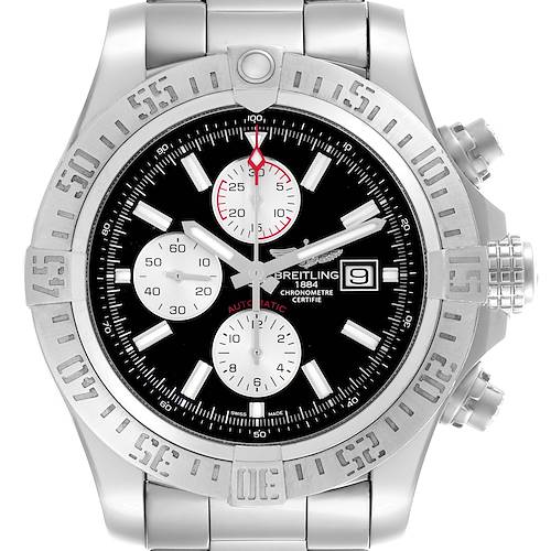 The Breitling Avenger A13371111B1A1 Men's Stainless Steel Black Dial A13371111B1A1 Men's Stainless Steel Black Dial watch is shown from a front angle, highlighting the dial, bezel, and chronograph subdials.