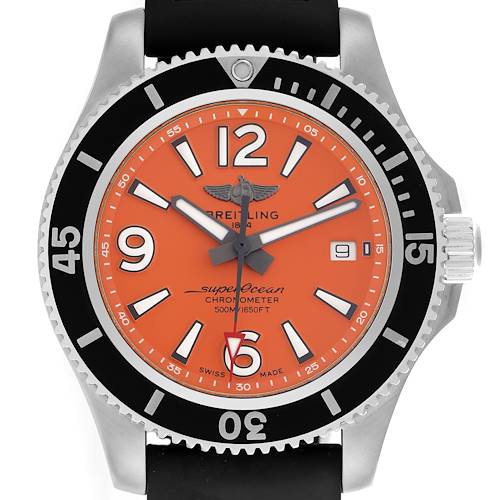 The Breitling Superocean A17366 Men's Stainless Steel Orange Dial A17366 Men's Stainless Steel Orange Dial watch is shown from the front, displaying its dial, bezel, and crown clearly.