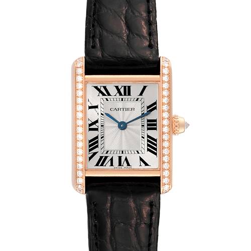 This image shows a Cartier Tank Louis WJTA0010 Women's Rose Gold Silver Dial WJTA0010 Women's Rose Gold Silver Dial watch face-on, displaying the rectangular dial, Roman numerals, and black leather strap.