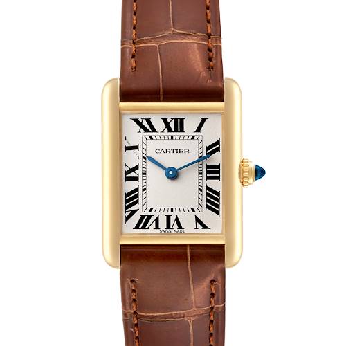 This image shows a frontal view of the Cartier Tank Louis W1529856 Women's Yellow Gold Silver Dial W1529856 Women's Yellow Gold Silver Dial watch, featuring its dial, hands, crown, and leather strap.