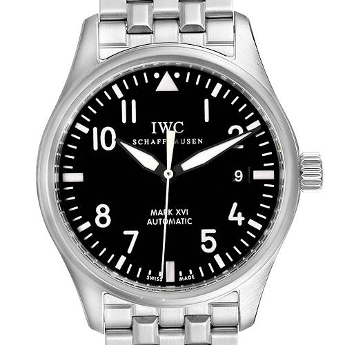 The image shows a front view of the IWC Pilot IW325504 Men's Stainless Steel Black Dial IW325504 Men's Stainless Steel Black Dial Mark XVI Automatic watch, highlighting the dial, hour markers, and stainless steel bracelet.