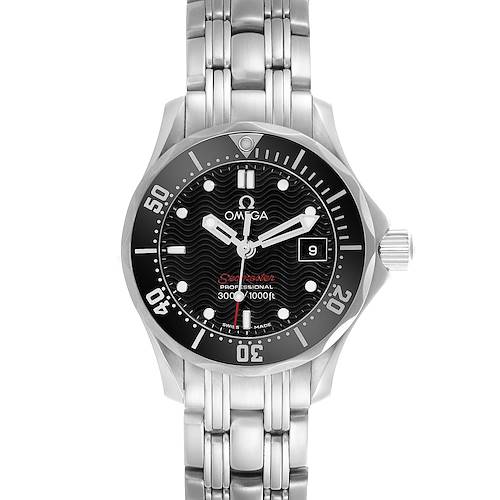 The Omega 212.30.28.61.01.001 Women's Stainless Steel Black Dial 212.30.28.61.01.001 Women's Stainless Steel Black Dial Seamaster Diver Quartz Ladies Watch is shown from a front angle, displaying its face, bezel, and bracelet.