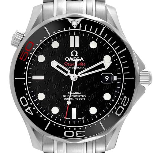 The image shows a front view of the Omega Seamaster 212.30.41.20.01.005 Men's Stainless Steel Black Dial 212.30.41.20.01.005 Men's Stainless Steel Black Dial watch, including the dial, bezel, and part of the stainless steel bracelet.
