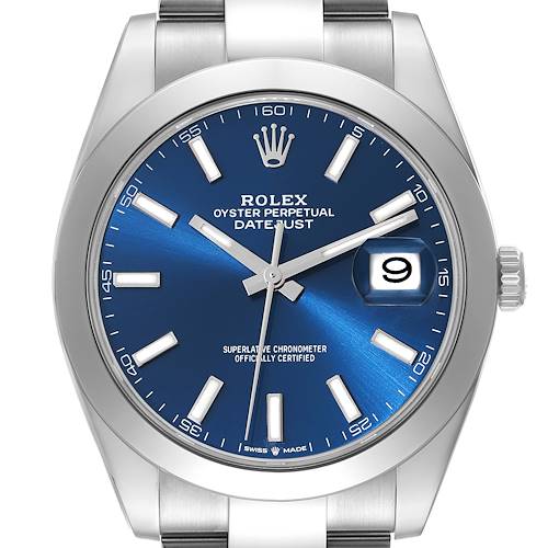 The image shows a front, close-up view of the face of the Rolex Datejust 41 126300 Men's Stainless Steel Blue Dial 126300 Men's Stainless Steel Blue Dial watch.