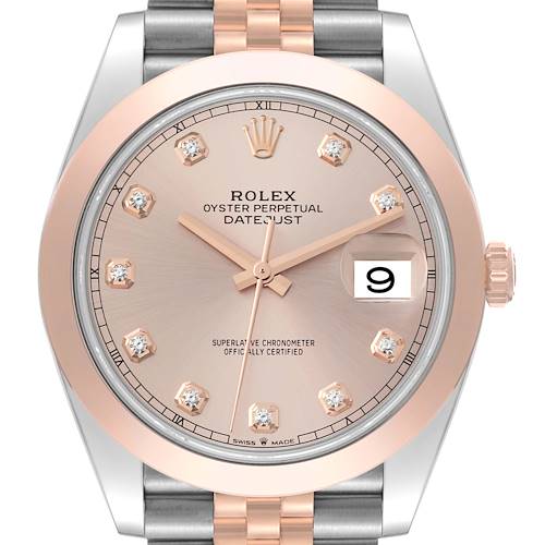 This image shows a close-up of the Rolex Datejust 41 126301 Men's Steel and Gold (two tone) Pink Dial 126301 Men's Steel and Gold (two tone) Pink Dial watch, highlighting the dial, hands, bezel, and part of the bracelet.