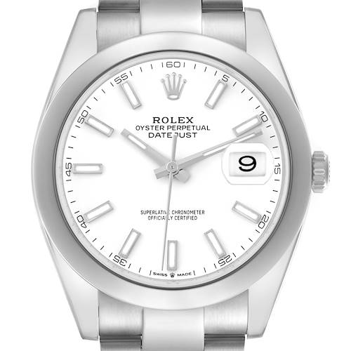 The Rolex Datejust 41 126300 Men's Stainless Steel White Dial 126300 Men's Stainless Steel White Dial watch is shown from a front angle, highlighting the dial, bezel, and part of the bracelet.