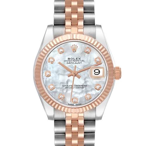 The Rolex Mid-Size 178271 Women's Steel and Gold (two tone) Mother of Pearl Dial 178271 Women's Steel and Gold (two tone) Mother of Pearl Dial watch is shown from the front, highlighting its face, bezel, and bracelet in rose gold and stainless steel.