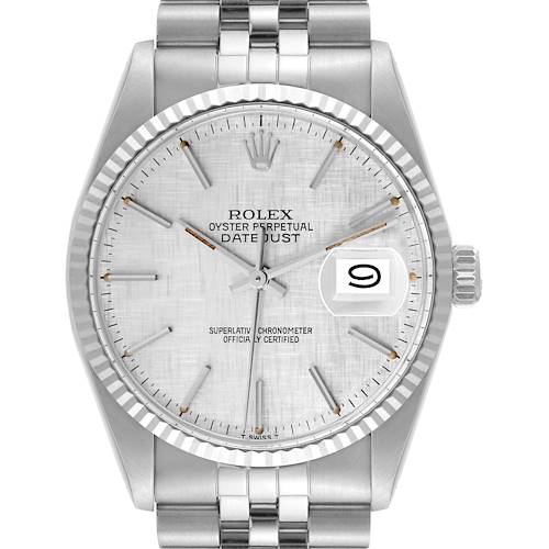 The image shows a frontal view of the Rolex Vintage Collection 16014 Men's Stainless Steel Silver Dial 16014 Men's Stainless Steel Silver Dial Datejust watch, highlighting the dial, bezel, crown, and bracelet.