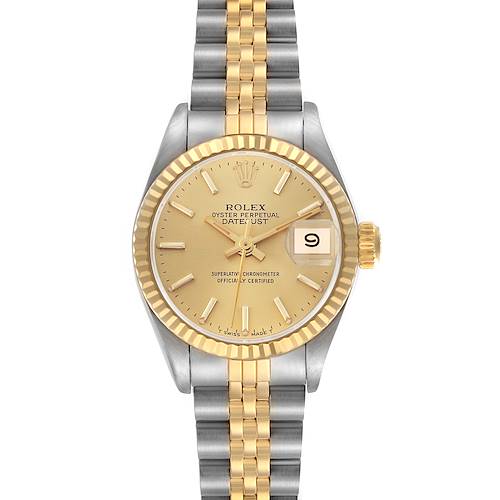 The Rolex Datejust 69173 Women's Steel and Gold (two tone) Champagne Dial 69173 Women's Steel and Gold (two tone) Champagne Dial watch is shown from a front view, highlighting the gold-toned dial, two-tone bracelet, and fluted bezel.