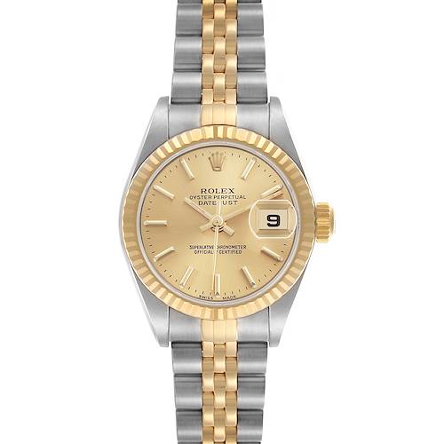 The Rolex Datejust 79173 Women's Steel and Gold (two tone) Champagne Dial 79173 Women's Steel and Gold (two tone) Champagne Dial is shown from a front view, highlighting its gold and silver bracelet, fluted bezel, and date window.