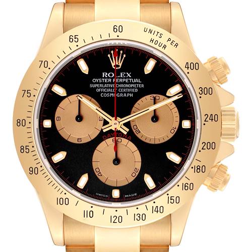 This Rolex Daytona 116528 Men's Yellow Gold Black Dial 116528 Men's Yellow Gold Black Dial model is shown from the front, highlighting its black and gold dial, three subdials, and bezel.