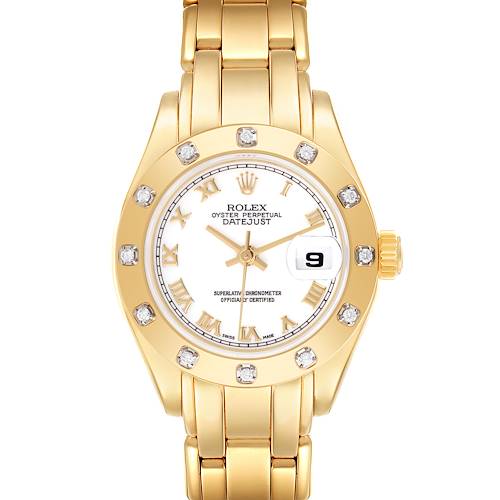 The Rolex Pearlmaster 69318 Women's Yellow Gold White Dial 69318 Women's Yellow Gold White Dial watch is shown from the front, highlighting its gold bracelet, diamond bezel, and date feature.