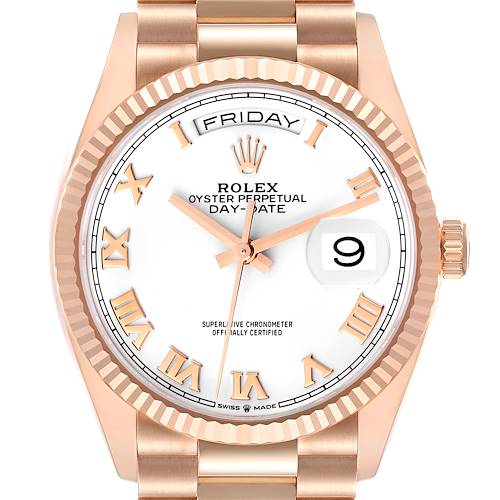 The image shows a front view of the Rolex President 128235 Men's Rose Gold White Dial 128235 Men's Rose Gold White Dial model watch, highlighting the face, bezel, and part of the bracelet.