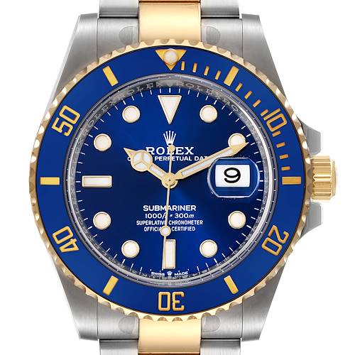 This is a front view of a Rolex Submariner 126613 Men's Steel and Gold (two tone) Blue Dial 126613 Men's Steel and Gold (two tone) Blue Dial model watch showing its blue dial, date window, and two-tone bracelet.