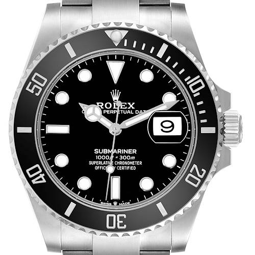 The image shows a frontal close-up of the Rolex Submariner 126610LN Men's Stainless Steel Black Dial 126610LN Men's Stainless Steel Black Dial watch, highlighting its dial, bezel, and part of the bracelet.