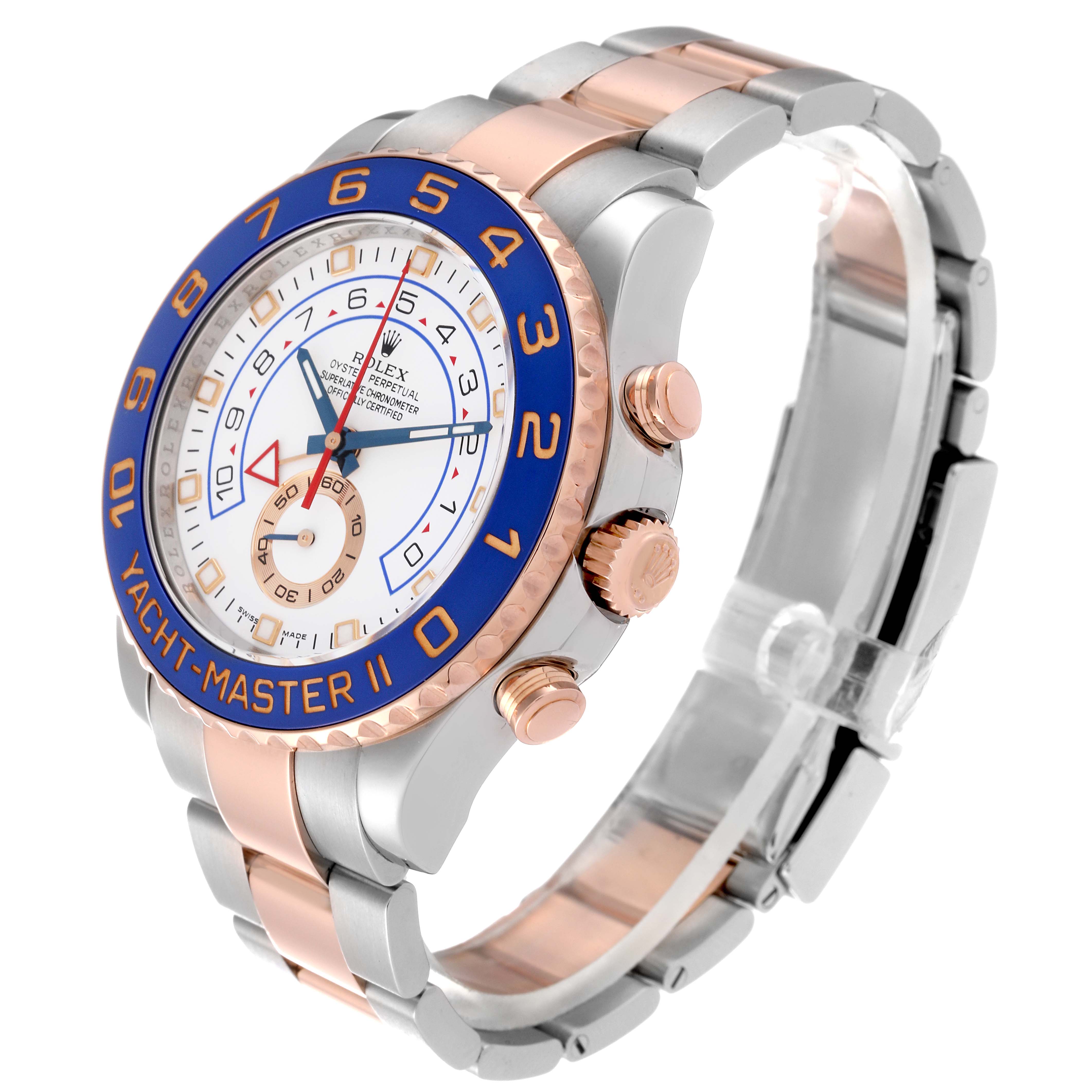 The image shows a side and front angle of the Rolex Yacht-Master 116681 Men's Steel and Gold (two tone) White Dial 116681 Men's Steel and Gold (two tone) White Dial watch, highlighting the bezel, dial, and bracelet.