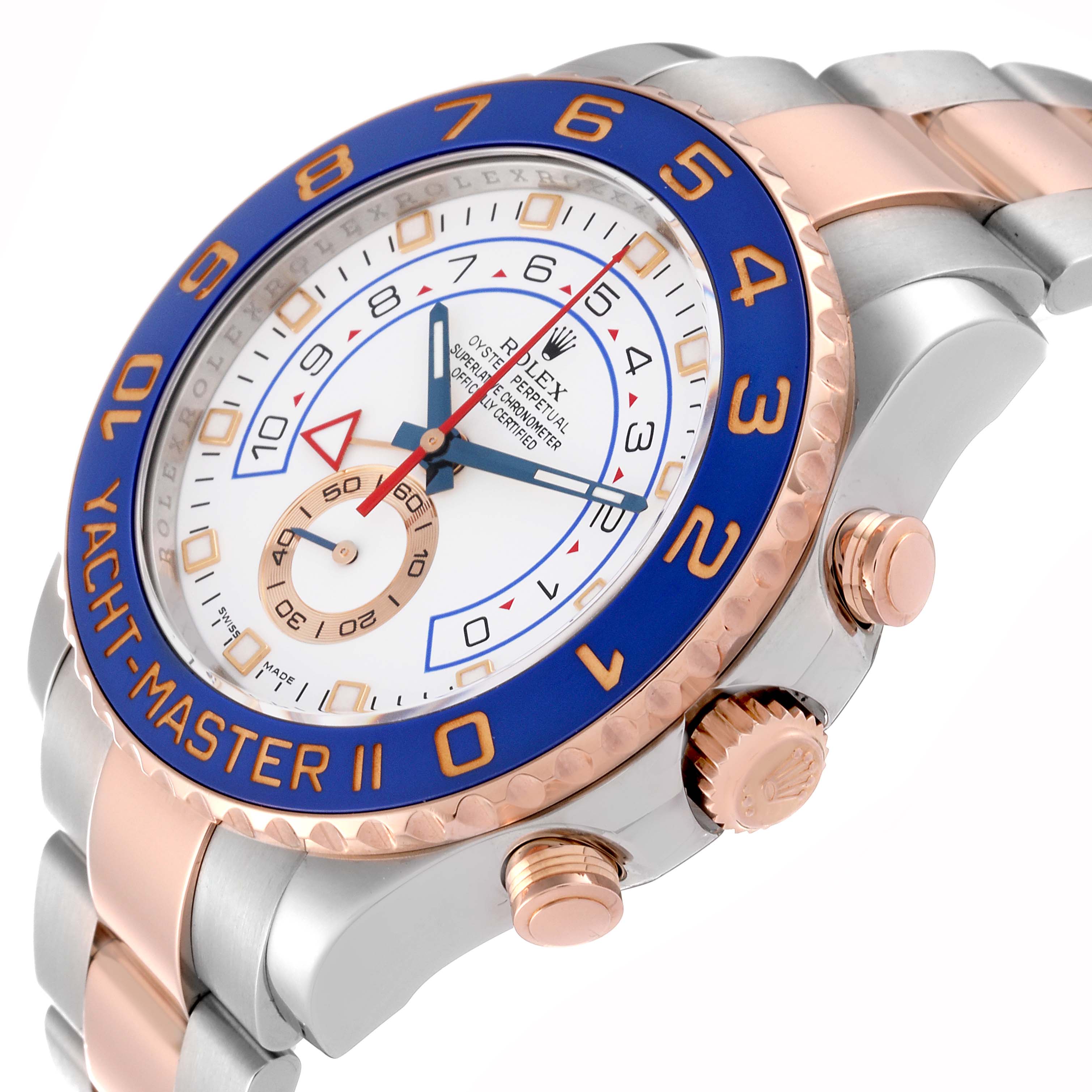 The image shows a close-up angle of the Rolex Yacht-Master 116681 Men's Steel and Gold (two tone) White Dial 116681 Men's Steel and Gold (two tone) White Dial II watch, highlighting the face, bezel, crown, and part of the bracelet.