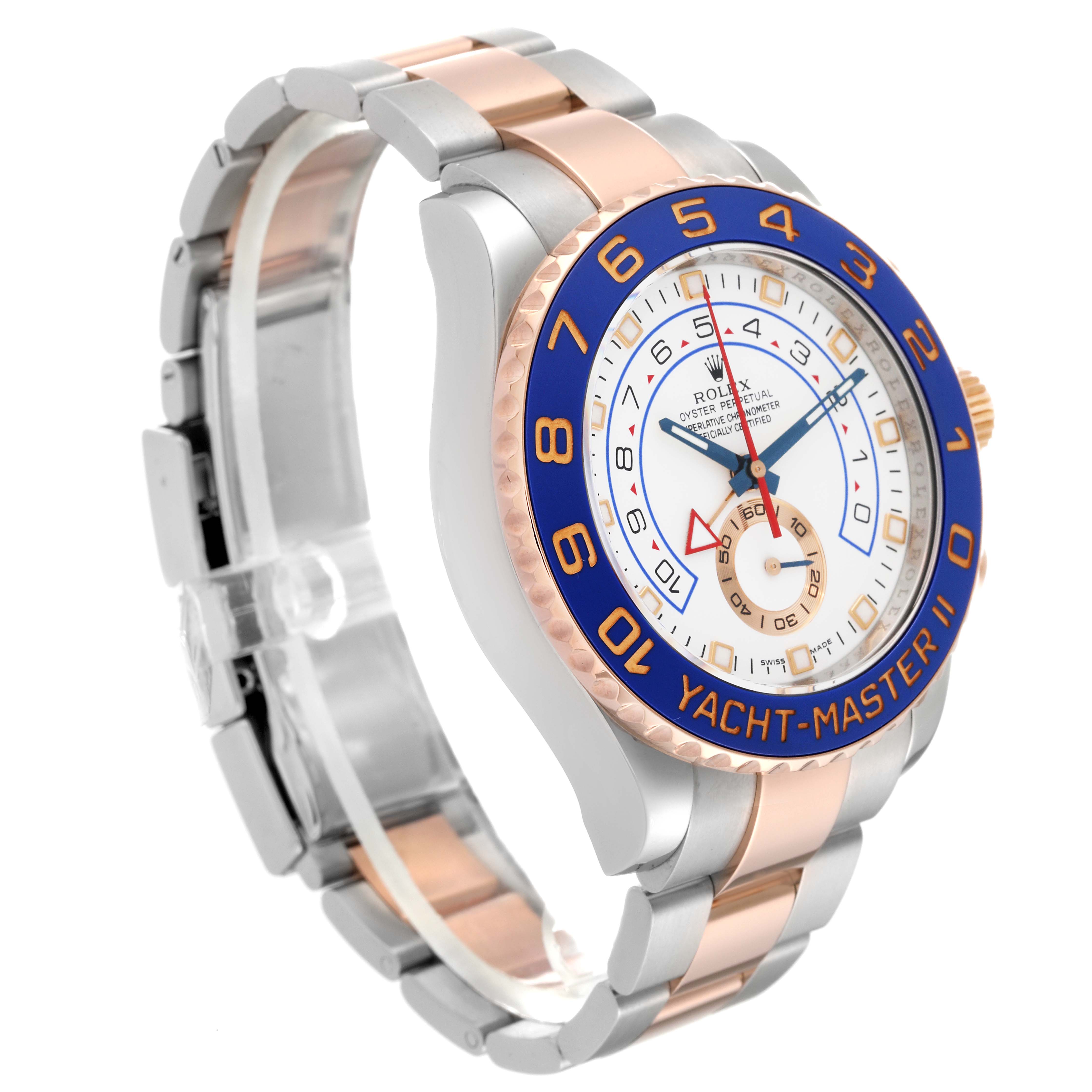 The Rolex Yacht-Master 116681 Men's Steel and Gold (two tone) White Dial 116681 Men's Steel and Gold (two tone) White Dial watch is shown at a slight side angle, displaying its bezel, face, and part of the bracelet.
