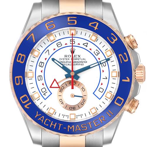 The image shows the front view of a Rolex Yacht-Master 116681 Men's Steel and Gold (two tone) White Dial 116681 Men's Steel and Gold (two tone) White Dial II watch, highlighting its dial, bezel, and crown.