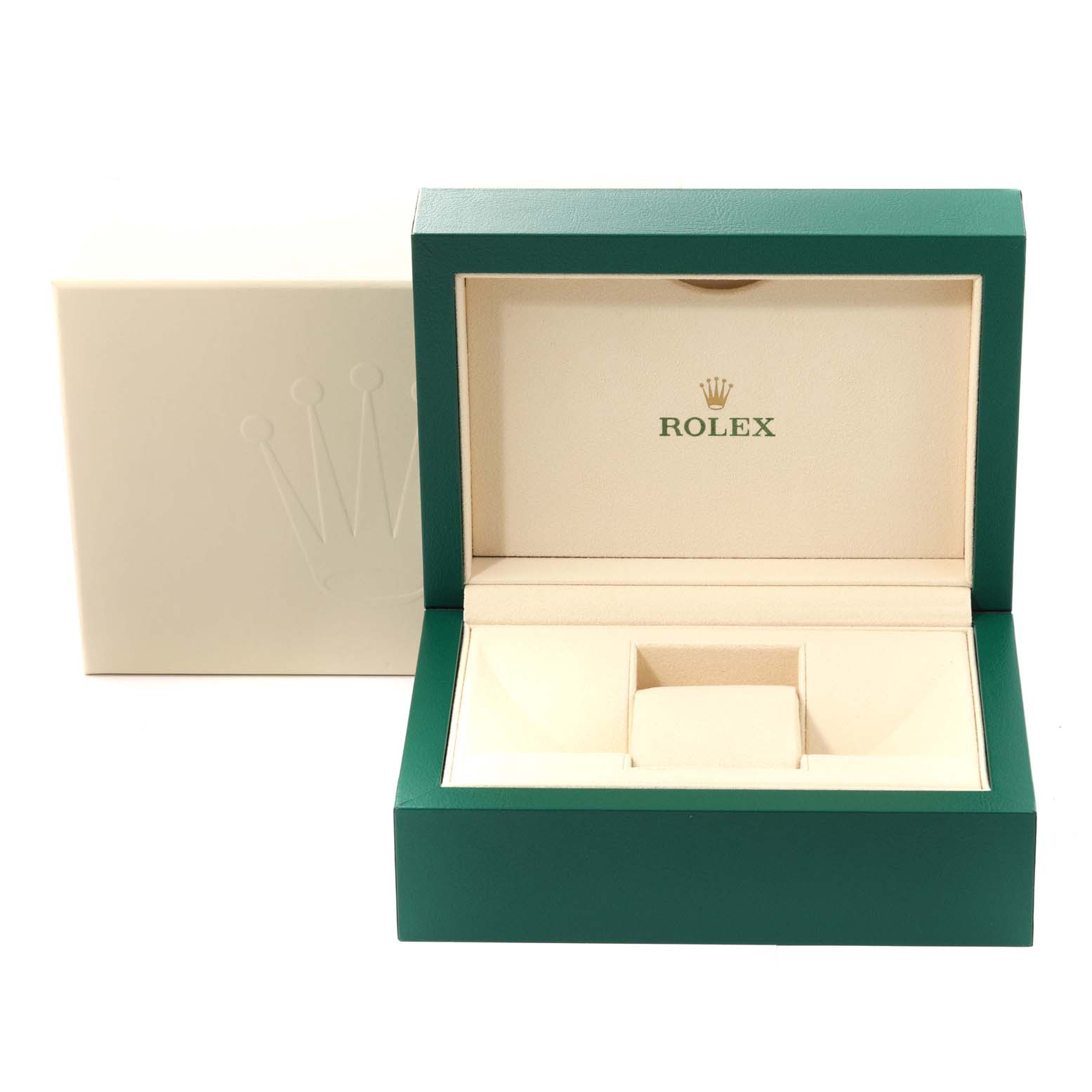 This image shows an open green Rolex watch box and its outer case for the Yacht-Master model, viewed from the front.
