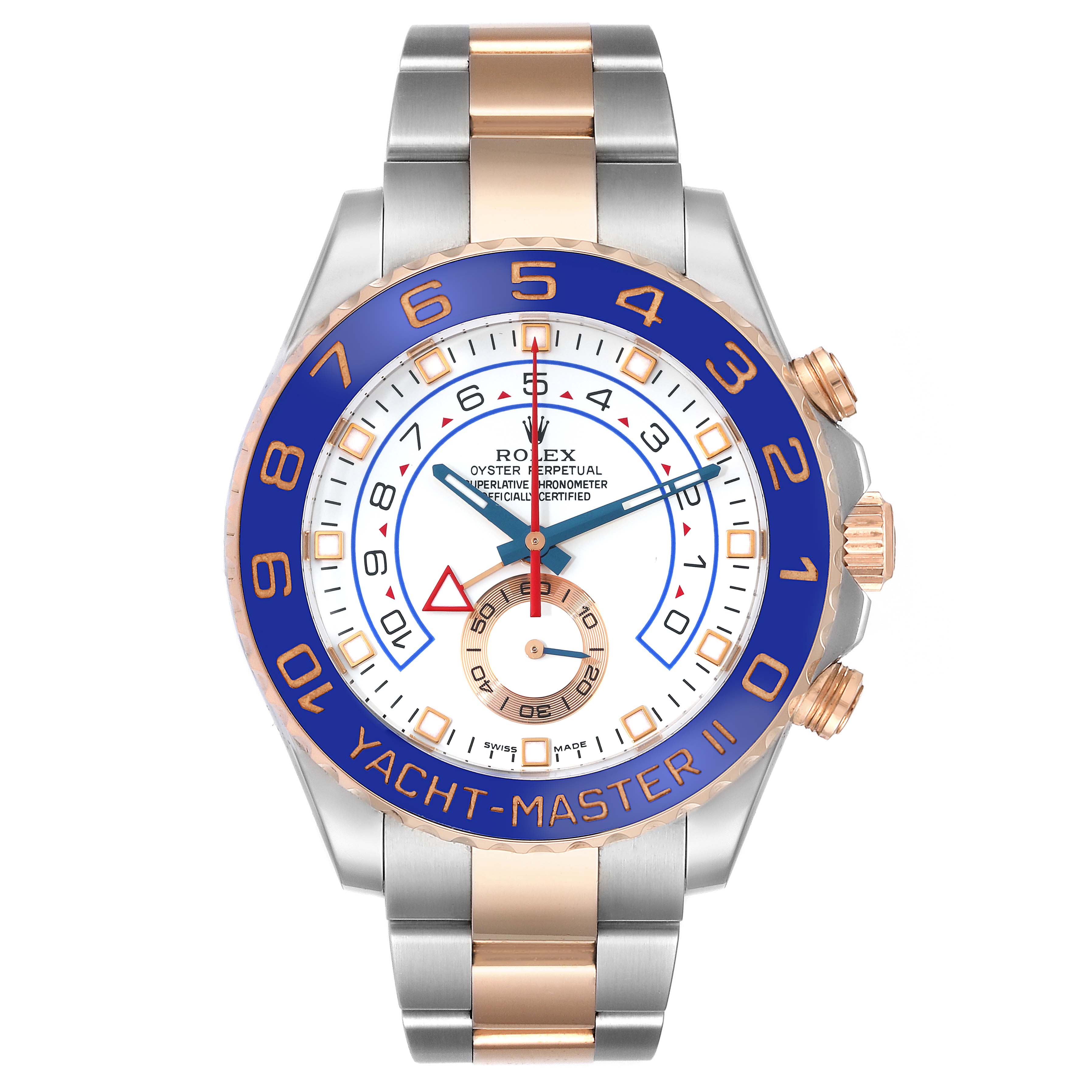The image shows a front view of a Rolex Yacht-Master 116681 Men's Steel and Gold (two tone) White Dial 116681 Men's Steel and Gold (two tone) White Dial watch, highlighting its face and strap.