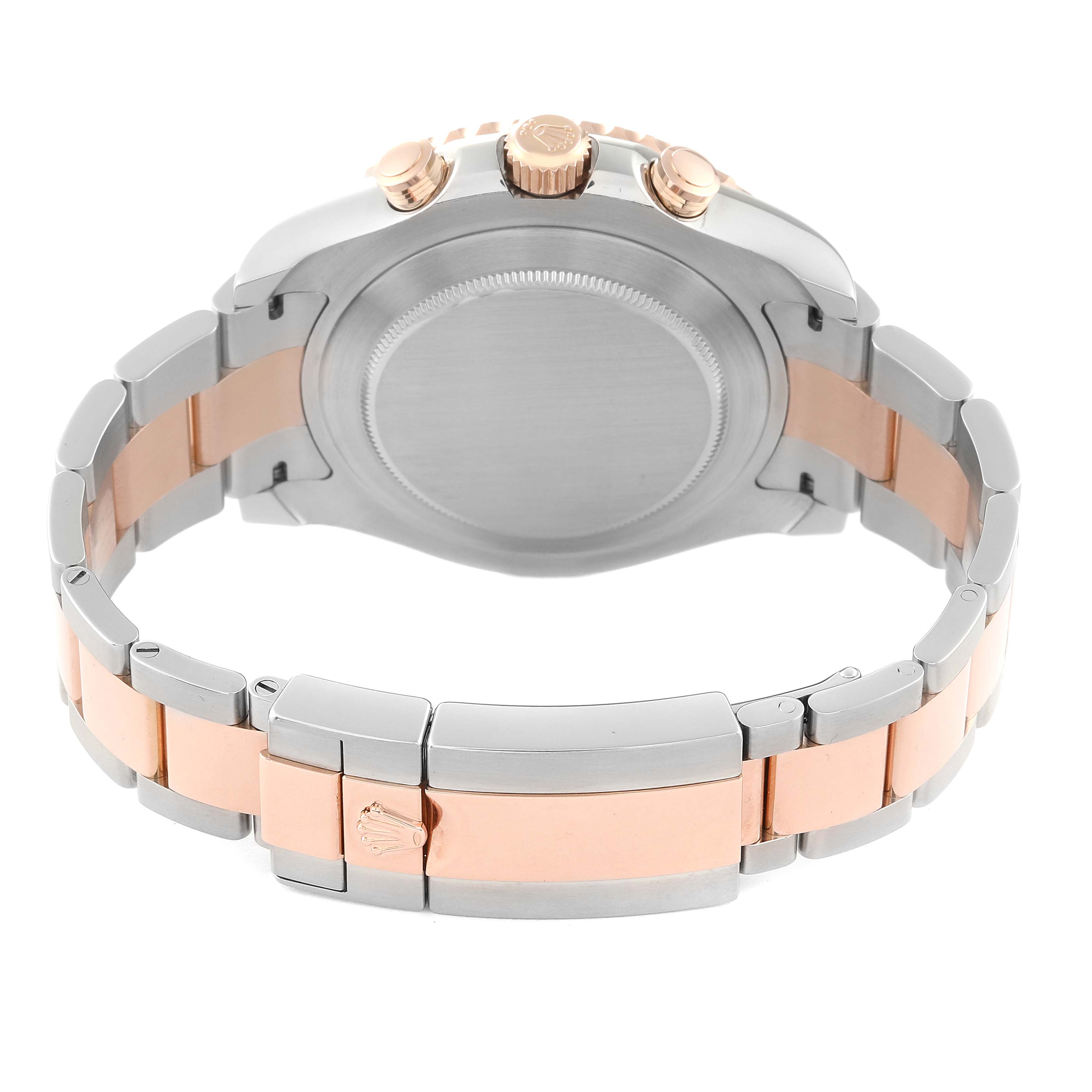 The image shows the back view of the Rolex Yacht-Master 116681 Men's Steel and Gold (two tone) White Dial 116681 Men's Steel and Gold (two tone) White Dial watch, focusing on the bracelet and the case back.