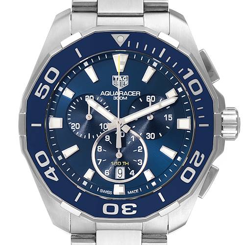 The image shows a front view of a Tag Heuer Aquaracer CAY111B.BA0927 Men's Stainless Steel Blue Dial CAY111B.BA0927 Men's Stainless Steel Blue Dial watch, highlighting its blue dial, chronograph sub-dials, bezel, and bracelet.
