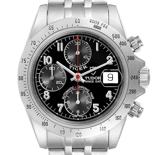 This image shows the front view of the Tudor Prince watch, highlighting its dial, chronograph subdials, date window, and bezel.