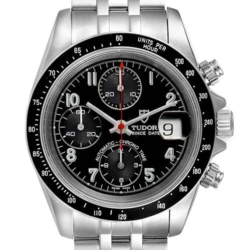 The image shows the front view of the Tudor Prince 79260 Men's Stainless Steel Black Dial 79260 Men's Stainless Steel Black Dial model watch, displaying the dial, bezel, crown, and chronograph pushers.