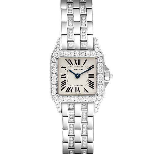 The image shows a front view of the Cartier Santos Demoiselle WF9003YC Women's White Gold Silver Dial WF9003YC Women's White Gold Silver Dial watch, highlighting its diamond-studded bezel and metal link bracelet.