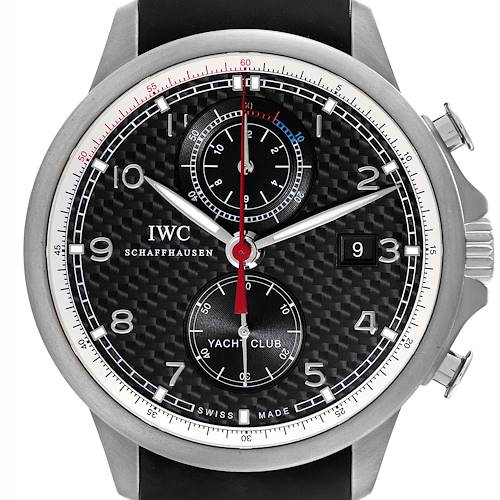 The image shows a front view of the IWC Portuguese IW390212 Men's Titanium Black Dial IW390212 Men's Titanium Black Dial Yacht Club watch, highlighting its dial, subdials, date window, and crown.