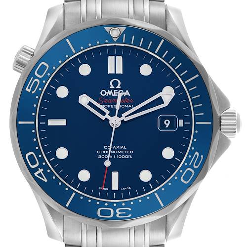 The Omega Seamaster 212.30.41.20.03.001 Men's Stainless Steel Blue Dial 212.30.41.20.03.001 Men's Stainless Steel Blue Dial watch is shown from the front, highlighting the dial, bezel, and part of the bracelet.