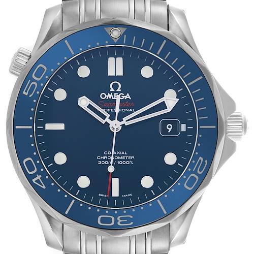 The Omega Seamaster 212.30.41.20.03.001 Men's Stainless Steel Blue Dial 212.30.41.20.03.001 Men's Stainless Steel Blue Dial is shown from a front angle, highlighting the dial, bezel, hands, date window, and crown.