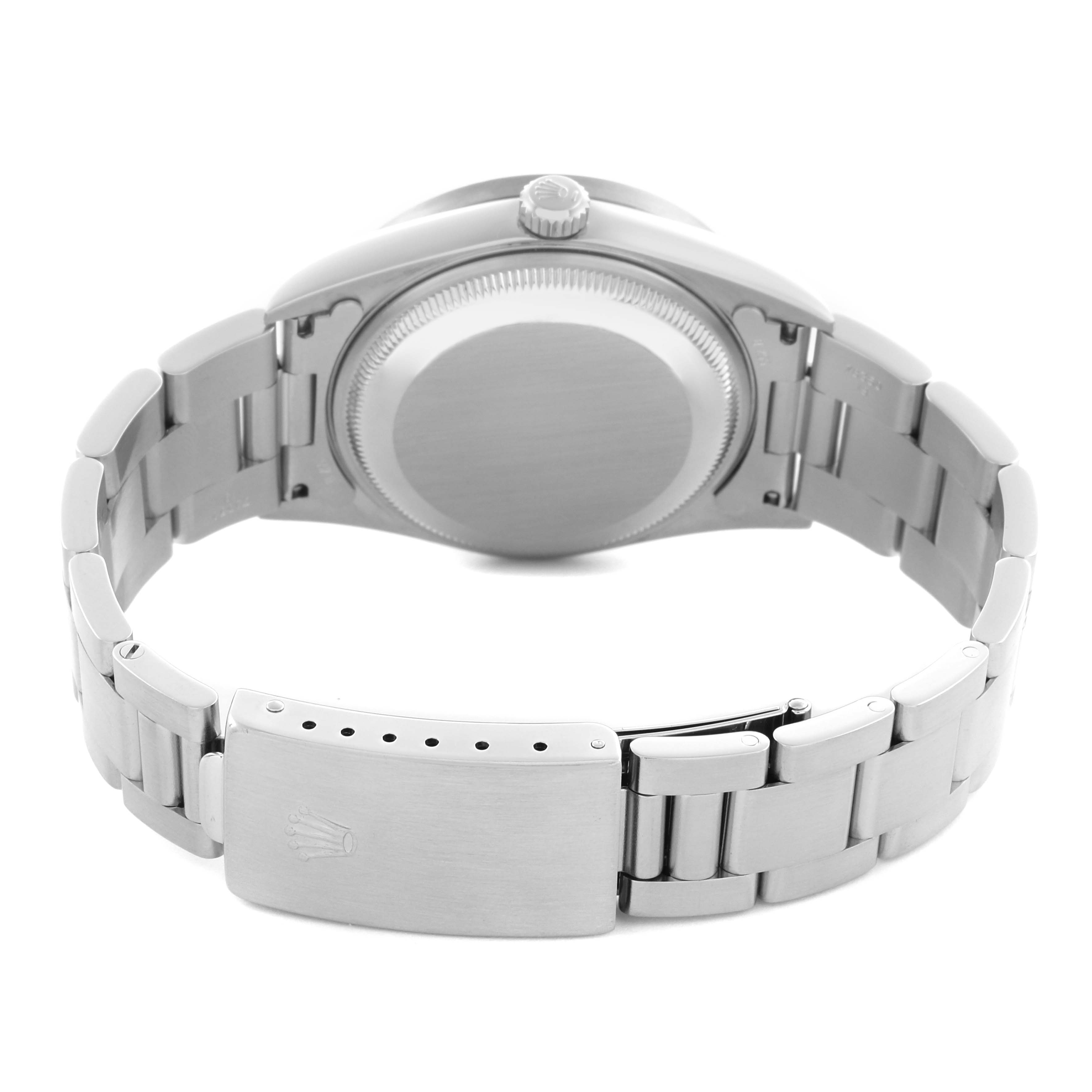 The image shows the back of a Rolex Date 15210 Men's Stainless Steel Silver Dial 15210 Men's Stainless Steel Silver Dial watch, highlighting the clasp and case back.