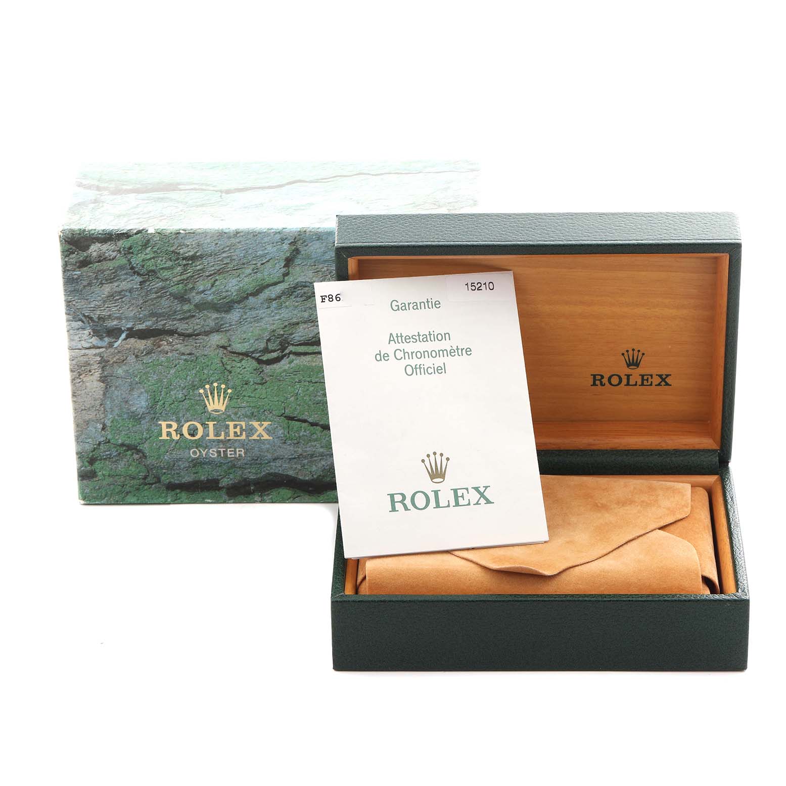The image shows a Rolex Date 15210 Men's Stainless Steel Silver Dial 15210 Men's Stainless Steel Silver Dial model watch box, warranty card, and packaging from a front angle.