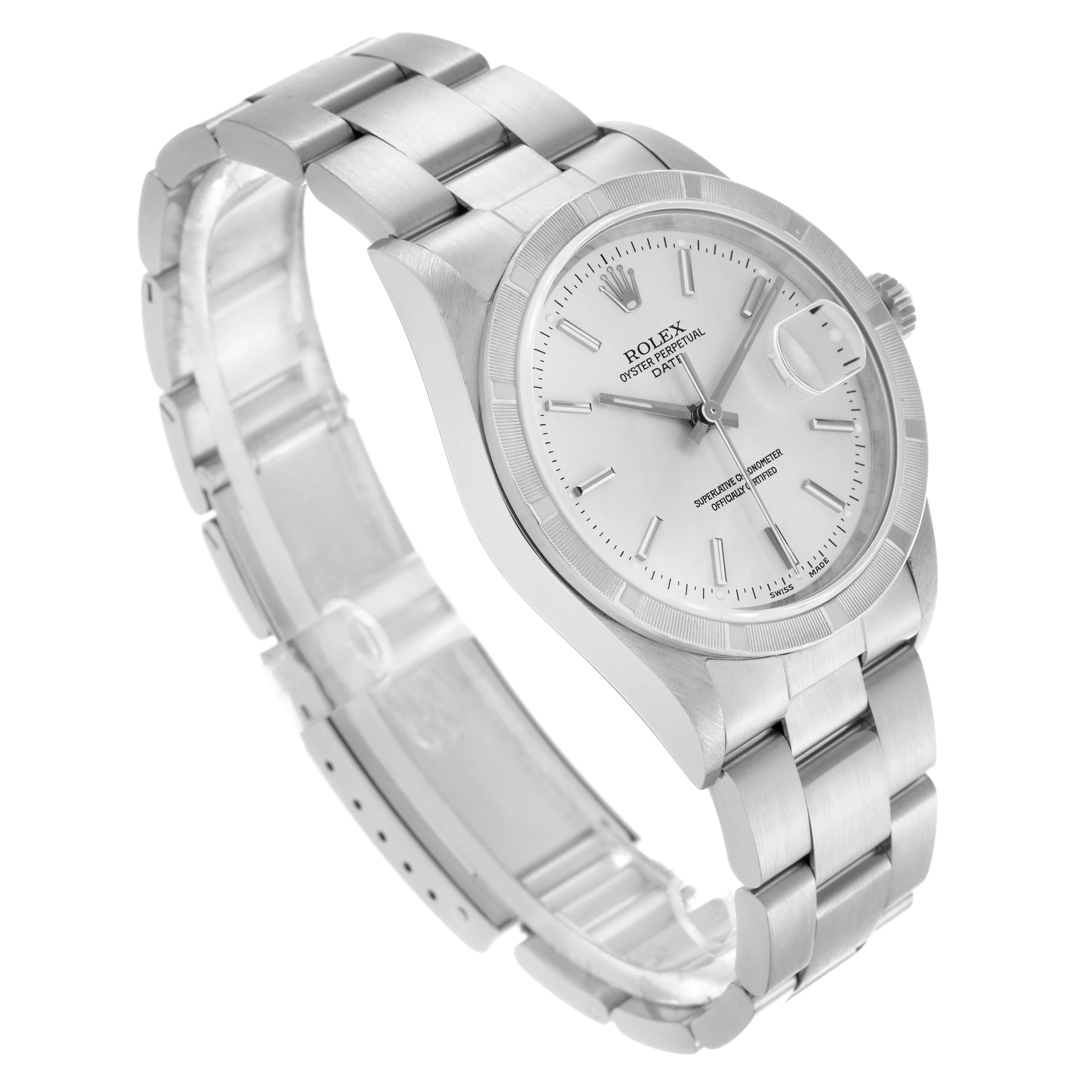 The Rolex Date 15210 Men's Stainless Steel Silver Dial 15210 Men's Stainless Steel Silver Dial watch is shown at an angled view displaying the face, bezel, and bracelet.
